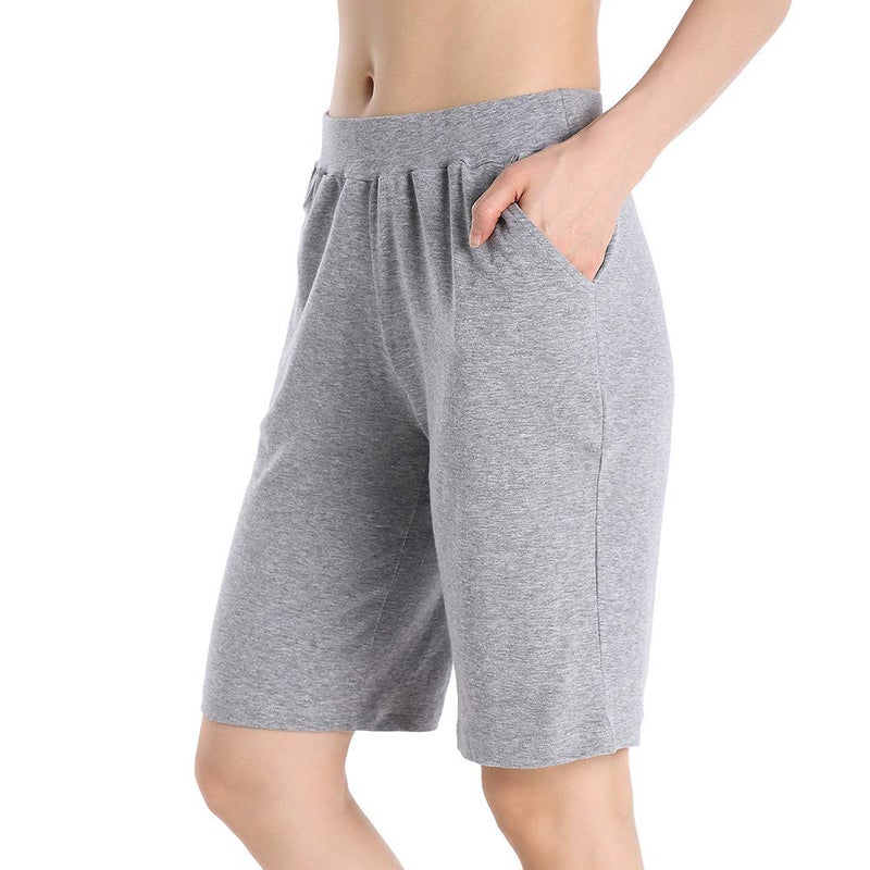 QingWan Summer Athletic Shorts Women Knee Length Spandex Short Pants with Pockets Yoga Grey - Image 2